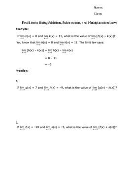 Preview of Calculus: Find Limits Using Addition, Subtraction, and Multiplication Laws