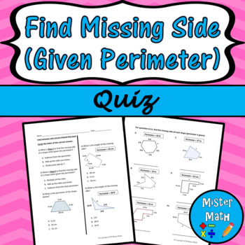 Preview of Find Missing Side (Given Perimeter) Quiz