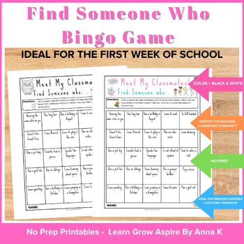 This image includes a find some who printable bingo game - a fun icebreaker activity for first day school.