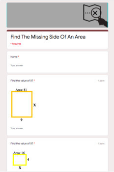 Preview of Find The Missing Side Of An Area -Google Form- Online Learning/Tutoring-