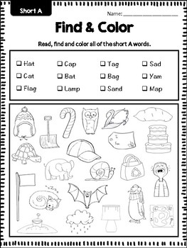 read find and color phonics practice short vowels by