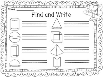 Shapes 2D and 3D Shapes Find and Write Math Center by Miss Giraffe