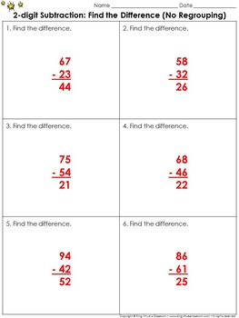 Find the Difference (No Regrouping): 2-digit Subtraction Practice Sheets