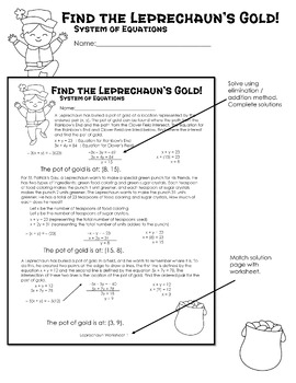 Preview of Find the Leprechaun's Gold! St. Patrick's Day - System of Equations - Set 1