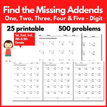 Preview of Find the Missing Addends Worksheets for 1st, 2nd, 3rd, 4th and 5th grade