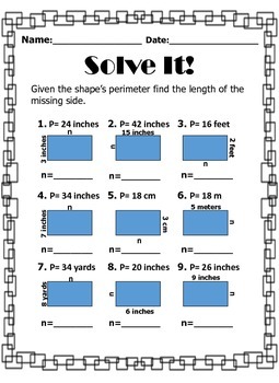 missing side area and perimeter worksheets