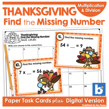 Preview of Thanksgiving Math Task Cards Find the Missing Number Multiplication and Division