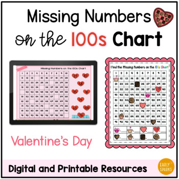 Preview of Find the Missing Numbers on the 100s Chart Valentine's Day Interactive Math Game