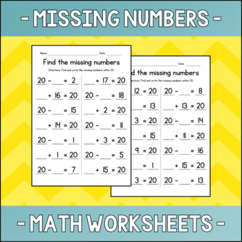 Preview of Find the Missing Numbers within 20 - Addition and Subtraction Math Worksheets