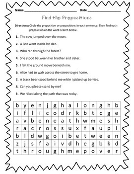 Preposition Worksheet : Find the Prepositions by Learning is Lots of Fun