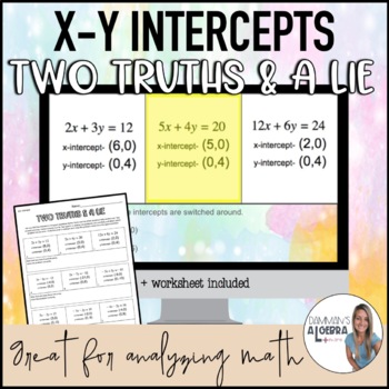 Preview of Find xy intercepts of linear lines - Two Truths & a Lie - Math error analysis