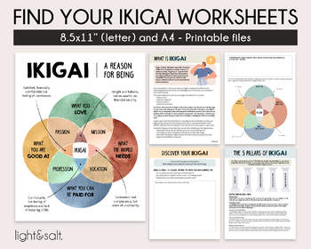 Preview of Find your ikigai printable worksheets, ikigai, mental health, life purpose