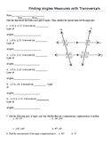 Finding Angles Measures with Transversals Worksheet