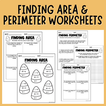 Preview of Finding Area & Perimeter | Halloween | Worksheets | 3rd | 4th | 5th Centers
