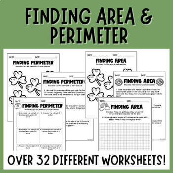 Preview of Finding Area & Perimeter | St. Patrick's Day | Worksheets | 3rd | 4th | 5th