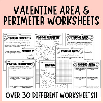 Preview of Finding Area & Perimeter | Valentine's Day | Worksheets | 3rd | 4th | 5th Center