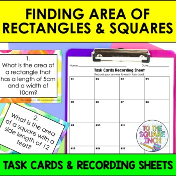 Preview of Finding Area of Rectangles and Squares Task Cards Practice Activity