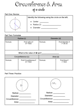 Preview of Finding Circumference and Area of a Circle (Notes)