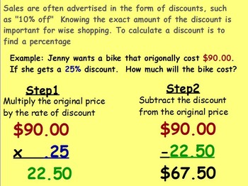 Preview of Using Percent - Finding Discounts Mathematics (worksheet included) (SMART BOARD)