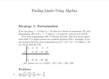 Preview of Finding Limits Using Algebra (Strategy 1: Factorization) Worksheet