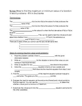 Preview of Finding Max/Min Value Of A Function In Word Problems