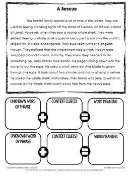 context clues passages worksheets graphic organizers word meaning in