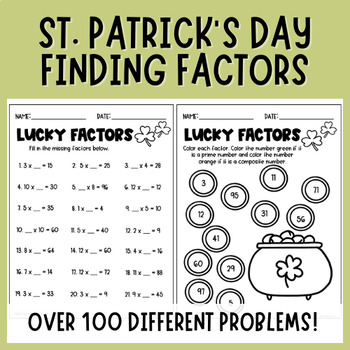 Preview of Finding Missing Factors Worksheets | St. Patrick's Day |Intermediate Math Center