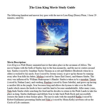 Preview of Finding Nemo, The Lion King (1994), WALL-E, AND Zootopia Movie Study Guides