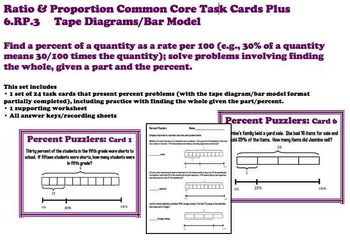 Preview of Finding Percent Tape Diagram Bar Model Common Core 6.RP.3 Task Cards Plus