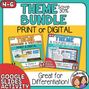 Preview of Finding Theme Bundle Writing, Task Cards and Digital Google Slides with Audio