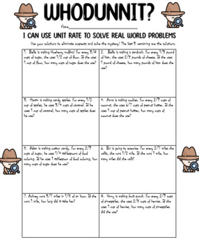 Preview of Finding Unit Rate with Fractions Real World Problems Whodunnit EDITABLE