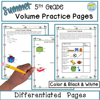 Preview of Finding Volume of Rectangular Prisms Summer Themed Practice Worksheets 5th Grade