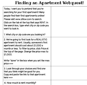 Preview of Finding an Apartment & Dream House Webquest - GOOGLE READY - Life Skills