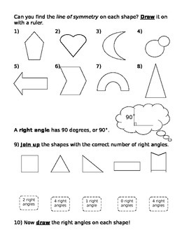 Preview of Finding and drawing lines of symmetry & identifying right angles (worksheet)