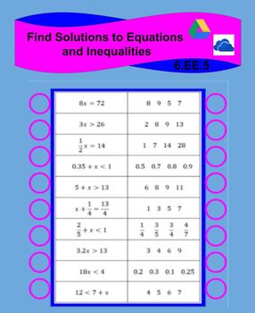Preview of Finding solutions to Equations and Inequalities Digital Activity (6.EE.5)
