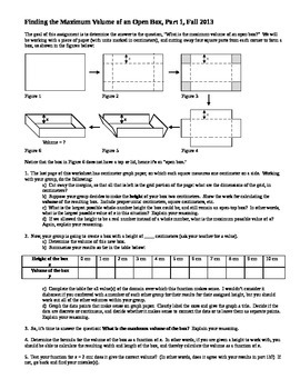 Preview of Calculus: Finding the Maximum Volume of an Open Box Part 1 Fall 2013 (Editable)