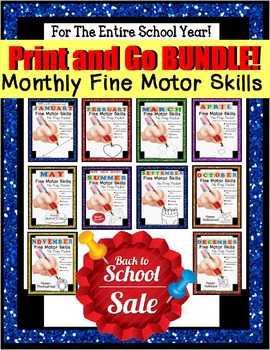 Preview of Fine Motor Skills Monthly Worksheet NO PREP BUNDLE for School Year with DATA