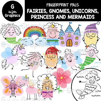 Preview of Fingerprint Pals Fairies, Gnomes, Unicorns, Princess and Mermaids Clipart​