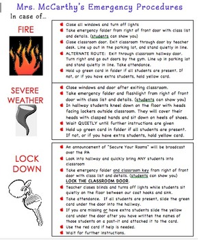 Preview of Fire Drill, Severe Weather and Lock Down Classroom Procedures Poster