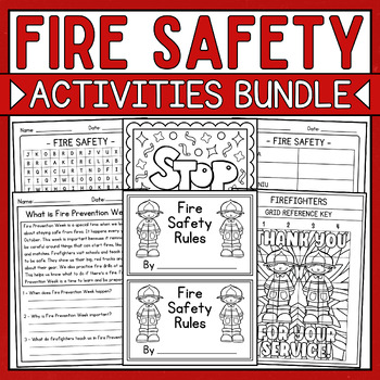 Preview of Fire Safety Week Activities Bundle: Coloring Pages, Reading, Craft, Games & More