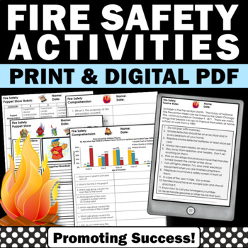Preview of Fire Safety Worksheet Packet Reading Comprehension Writing Prompt Puppet Centers