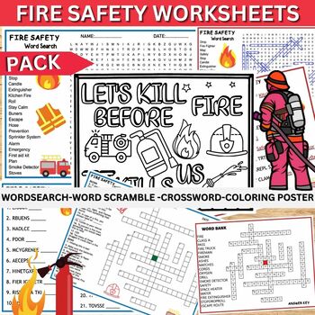Preview of Fire Safety Worksheets,Quiz, Coloring Poster, Wordsearch...October Activities