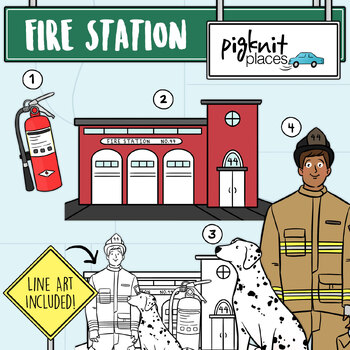 Preview of Fire Station Clipart with Firefighter, Dalmation Dog, and Fire Extinguisher