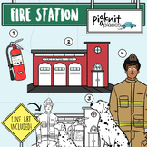 Fire Station Clipart with Firefighter, Dalmation Dog, and 
