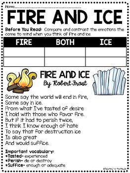 Fire And Ice Poem By Robert Frost Reading Comprehension Worksheet Poetry