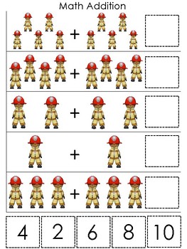 professions firefighter themed math addition game printable preschool game