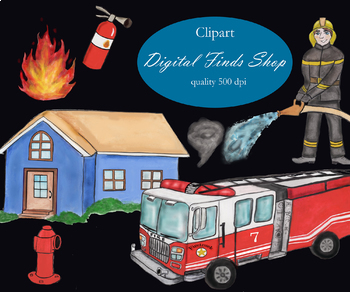 Preview of Firefighter clipart, fireman clipart, fire truck clipart, house clipart