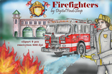 Firefighter watercolor clipart include firemen, fire truck