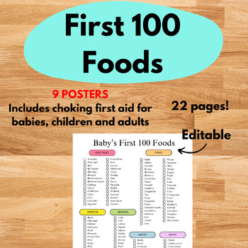 Preview of First 100 Foods, Baby Led Weaning Food Diary, Choking First Aid Poster