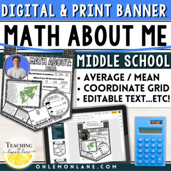 Preview of First 1st Day Week of School Math About Me Banner Activities for Middle School